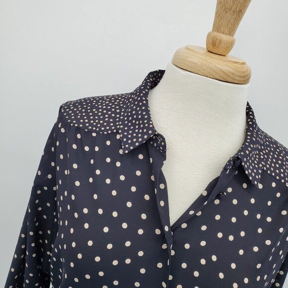 Zara Basic Womens Polka Dot Button Up 3/4 Sleeve Blouse Top Size L Navy Beige - Picture 5 of 16
